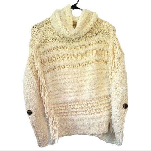 Anthropologie Marilyn Knit Poncho Sweater Fringe Size Medium/Large Petite Cream - Picture 3 of 10